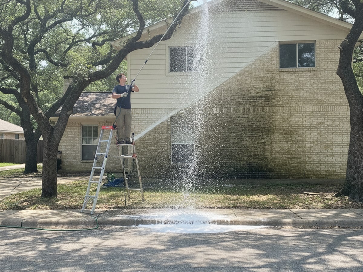 Soft-wash house washing job on a brick home in Austin, TX